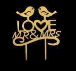 "LOVE, MR & MRS" WOOD W/GLITTER CAKE TOPPER (GOLD)